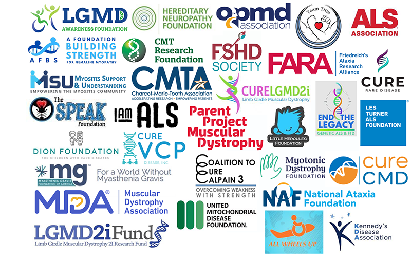 Logos from 31 neuromuscular disease organizations that support the FAA Reauthorization Act of 2024